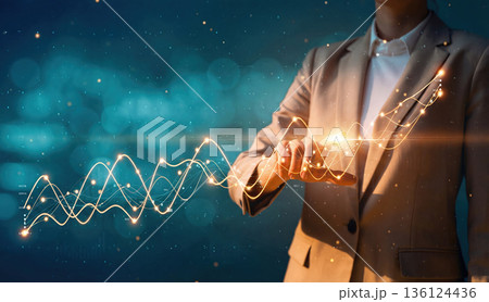 Businesswoman touching digital data waves on screen. AI-generated item 136124436