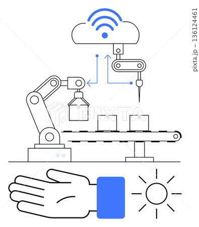 Smart manufacturing, automation, IoT, connectivity, robotics, modern industry. Robotic arm, conveyor belt cloud symbol with wireless connection. Smart manufacturing and automation technologies 136124461