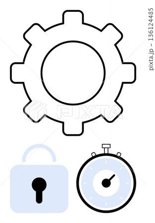 Security systems, time management, process optimization, technology tools, operational efficiency, user access. A gear icon, lock symbol and timer. Security systems and time management concept 136124485