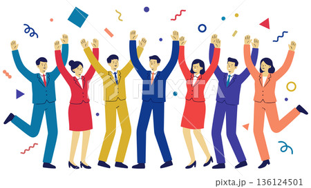 目標を達成し、ひらひらと舞う紙吹雪の中でバンザイ歓喜する多様なビジネスチームのイラスト 136124501