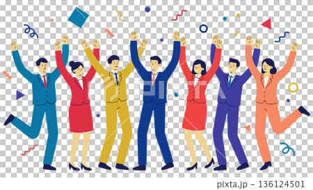 目標を達成し、ひらひらと舞う紙吹雪の中でバンザイ歓喜する多様なビジネスチームのイラスト 136124501