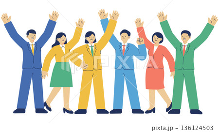 目標を達成し、ひらひらと舞う紙吹雪の中でバンザイ歓喜する多様なビジネスチームのイラスト 目標を達成し、ひらひらと舞う紙吹雪の中でバンザイ歓喜する多様なビジネスチームのイラスト 136124503