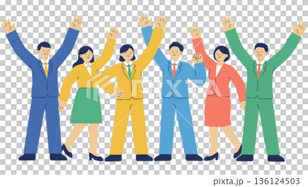 目標を達成し、ひらひらと舞う紙吹雪の中でバンザイ歓喜する多様なビジネスチームのイラスト 目標を達成し、ひらひらと舞う紙吹雪の中でバンザイ歓喜する多様なビジネスチームのイラスト 136124503