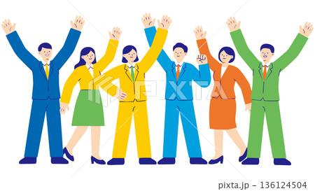 目標を達成し、ひらひらと舞う紙吹雪の中でバンザイ歓喜する多様なビジネスチームのイラスト 目標を達成し、ひらひらと舞う紙吹雪の中でバンザイ歓喜する多様なビジネスチームのイラスト 136124504