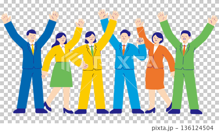 目標を達成し、ひらひらと舞う紙吹雪の中でバンザイ歓喜する多様なビジネスチームのイラスト 目標を達成し、ひらひらと舞う紙吹雪の中でバンザイ歓喜する多様なビジネスチームのイラスト 136124504