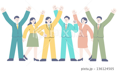 目標を達成し、ひらひらと舞う紙吹雪の中でバンザイ歓喜する多様なビジネスチームのイラスト 136124505