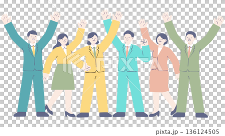目標を達成し、ひらひらと舞う紙吹雪の中でバンザイ歓喜する多様なビジネスチームのイラスト 136124505