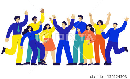 目標を達成し、ひらひらと舞う紙吹雪の中でバンザイ歓喜する多様なビジネスチームのイラスト 目標を達成し、ひらひらと舞う紙吹雪の中でバンザイ歓喜する多様なビジネスチームのイラスト 136124508