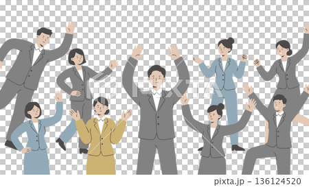 一幅插圖描繪了一個多元化的商業團隊在達成目標後慶祝的場景,他們在漫天飛舞的彩帶中高舉雙臂。 一幅插圖描繪了一個多元化的商業團隊在達成目標後慶祝的場景,他們在漫天飛舞的彩帶中高舉雙臂。 136124520