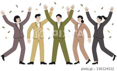 目標を達成し、ひらひらと舞う紙吹雪の中でバンザイ歓喜する多様なビジネスチームのイラスト 目標を達成し、ひらひらと舞う紙吹雪の中でバンザイ歓喜する多様なビジネスチームのイラスト 136124522