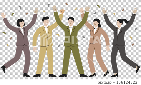 目標を達成し、ひらひらと舞う紙吹雪の中でバンザイ歓喜する多様なビジネスチームのイラスト 目標を達成し、ひらひらと舞う紙吹雪の中でバンザイ歓喜する多様なビジネスチームのイラスト 136124522
