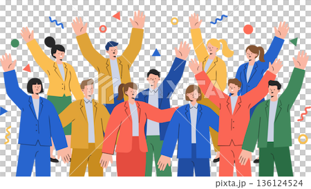 一幅插圖描繪了一個多元化的商業團隊在達成目標後慶祝的場景，他們在漫天飛舞的彩帶中高舉雙臂。 136124524