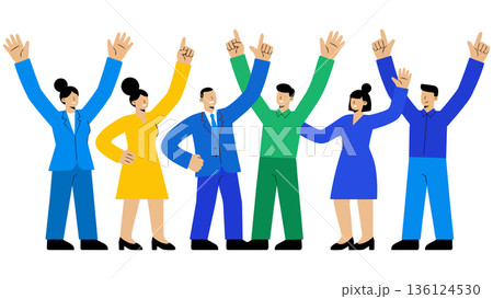 目標を達成し、ひらひらと舞う紙吹雪の中でバンザイ歓喜する多様なビジネスチームのイラスト 136124530
