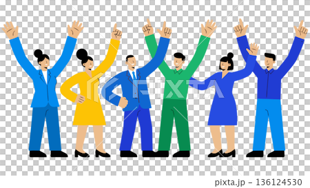 目標を達成し、ひらひらと舞う紙吹雪の中でバンザイ歓喜する多様なビジネスチームのイラスト 136124530