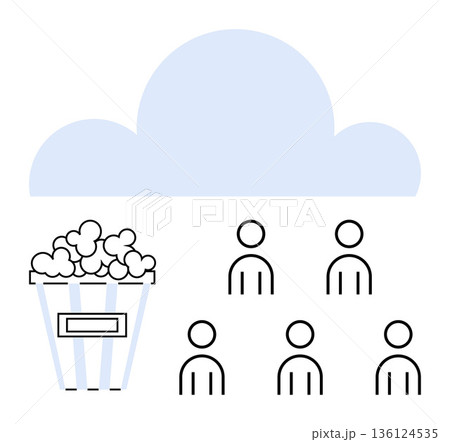 Entertainment, digital streaming, movie theater, online audience, cloud services, digital media. A popcorn bucket, audience icons and a cloud above them. Entertainment and digital streaming Entertainment, digital streaming, movie theater, online audience, cloud services, digital media. A popcorn bucket, audience icons and a cloud above them. Entertainment and digital streaming 136124535