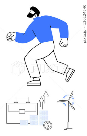 Business success, sustainability, financial strategy, investment trends, future opportunities, economic growth. A person walking with briefcase, wind turbine and financial graphs. Business success 136124540