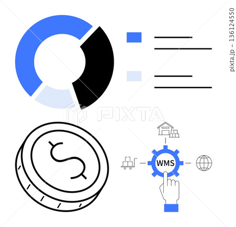 Business strategy, data analytics, warehouse management, supply chain, financial planning, technology integration. Pie chart, dollar coin warehouse management system icon. Business strategy and data 136124550