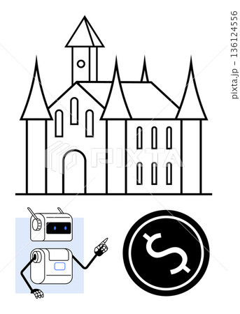 Financial planning, corporate strategy, historical concepts, artificial intelligence, technology evolution, futuristic economy. Robot pointing at dollar sign with castle background. Financial Financial planning, corporate strategy, historical concepts, artificial intelligence, technology evolution, futuristic economy. Robot pointing at dollar sign with castle background. Financial 136124556