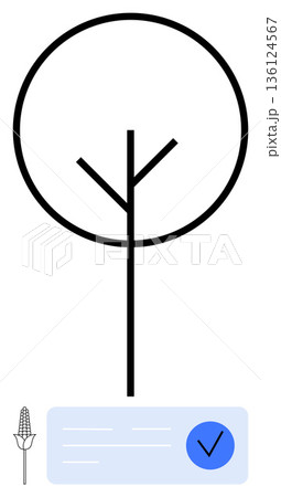 Sustainability, agriculture, certification, eco-friendly practices, environmental protection, product authenticity. Minimalist tree graphic with a verification badge and a corn symbol. Sustainability 136124567