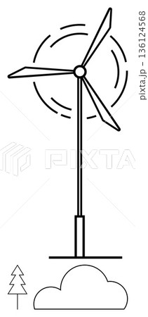 Renewable energy, sustainability, environmental conservation, wind power, clean energy, climate change. Rotating wind turbine with a cloud and tree below. Renewable energy and sustainability concept 136124568