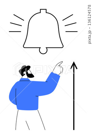 Notifications, progress tracking, user interface design, reminders, actions, alerts. A person pointing at a bell with visual emphasis and an arrow upward. Notifications and progress tracking concept 136124578