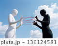 White and black faceless figures playing cat's cradle with red string. AI-generated item 136124581