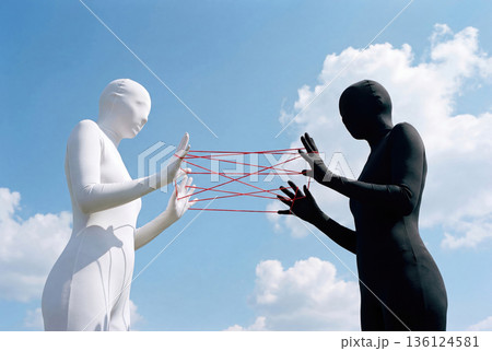 White and black faceless figures playing cat's cradle with red string. AI-generated item 136124581