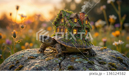 Fantasy turtle carrying cozy cottage house on shell. AI-generated item 136124582