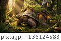 Fantasy turtle carrying cozy cottage house on shell. AI-generated item 136124583