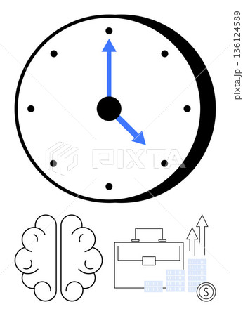 Time management, productivity, goal setting, cognitive analysis, business growth, financial planning. A clock, brain briefcase bar graphs and coins. Time management and productivity visualization Time management, productivity, goal setting, cognitive analysis, business growth, financial planning. A clock, brain briefcase bar graphs and coins. Time management and productivity visualization 136124589