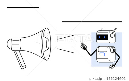 Marketing, automation, AI solutions, communication tools, customer support, tech innovation. Megaphone with sound lines pointing to a robot with expressive gestures. Marketing and automation 136124601