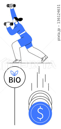 Health and wellness, sustainability, eco-conscious choices, financial growth, personal finance, fitness goals. Person lifting dumbbells, circular bio label falling coins money. Health 136124631