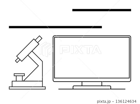Science education, laboratory equipment, technology integration, scientific research, innovation, data analysis. Microscope next to a monitor in minimalist outline style. Science education 136124634