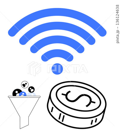 Digital marketing, data monetization, wireless technology, business growth, network traffic, e-commerce. wireless signal, funnel filtering data and dollar coin. Digital marketing and data 136124638