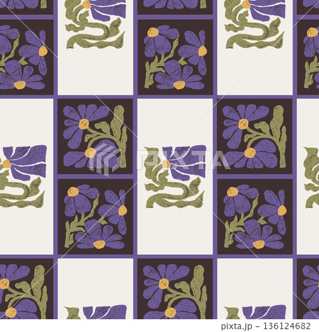 Floral Seamless Pattern With Hand-Drawn Botanical Tiles And Textured Sketchy Hatching. Geometric Flower Folk Background. Vector Illustration 136124682