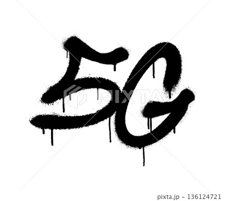 Urban graffiti-style 5G text with dripping black spray paint on white. 136124721