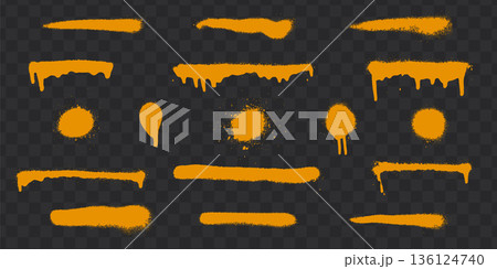 Orange spray paint splatters with drips on transparent checkered background. Orange spray paint splatters with drips on transparent checkered background. 136124740