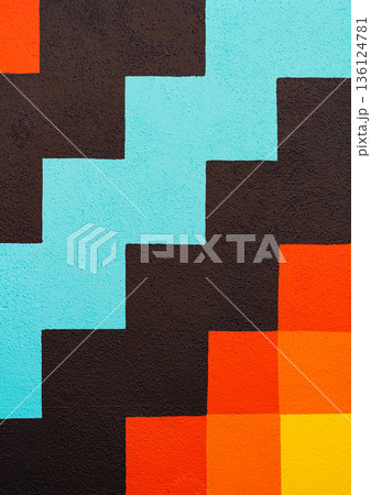 abstract colorful geometric pattern on a concrete wall of a house abstract colorful geometric pattern on a concrete wall of a house 136124781