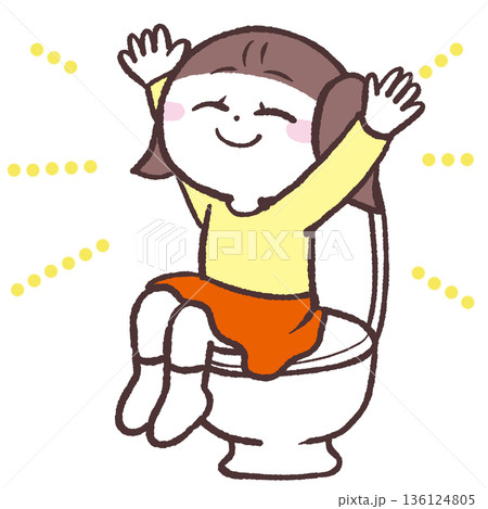便座に座って喜ぶ女の子のイラスト 136124805