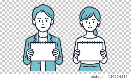 フリップボードを持つ男女　メッセージ記入用スペース付きプレゼンベクターイラスト 136124815