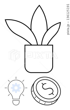 Business strategy, finance growth, innovation, investment planning, sustainability, entrepreneurship. Potted plant, lightbulb with gear coin with dollar sign. Finance growth and innovation concept 136125191