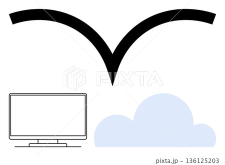 Digital storage, cloud computing, data transfer, IT services, technology, internet communication. Monitor with downward arrow toward a cloud. Data transfer and cloud computing concept Digital storage, cloud computing, data transfer, IT services, technology, internet communication. Monitor with downward arrow toward a cloud. Data transfer and cloud computing concept 136125203