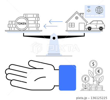 Blockchain technology, digital finance, tokenization, asset management, property transactions, investment strategies. Scale with tokens and assets, hand and growth symbols. Blockchain and digital 136125225