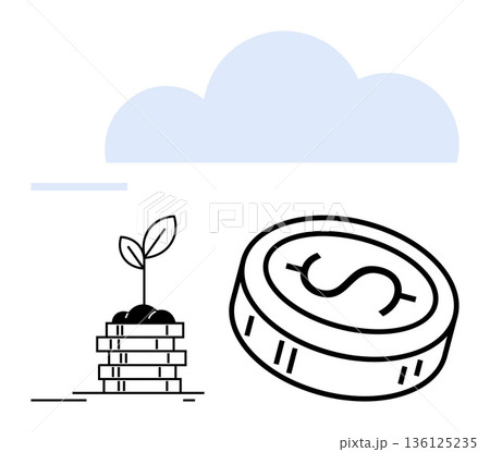 Economic growth, investment, financial planning, sustainability, green finance, savings. Small plant on coins next to a dollar coin under a cloud. Economic growth and investment concept Economic growth, investment, financial planning, sustainability, green finance, savings. Small plant on coins next to a dollar coin under a cloud. Economic growth and investment concept 136125235