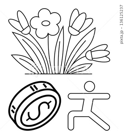 Sustainability, financial well-being, fitness, eco-consciousness, personal health, investment concepts. Flowers, dollar coin and human silhouette in active pose. Sustainability and financial 136125237