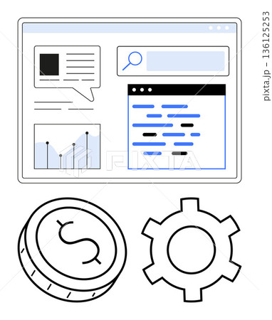 Business analytics, web development, programming, financial technology, data visualization, and software engineering. Interface layout with graphs, code and search bar. Business analytics Business analytics, web development, programming, financial technology, data visualization, and software engineering. Interface layout with graphs, code and search bar. Business analytics 136125253