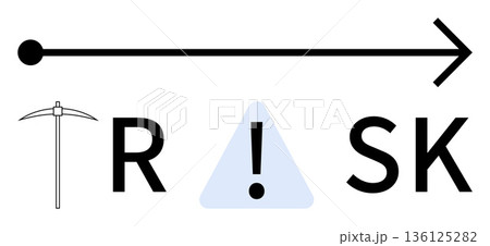 Risk management, decision making, cautionary design, hazard mitigation, industry safety, insight planning. A pickaxe, caution triangle and arrow forming the word risk. Risk management and hazard 136125282