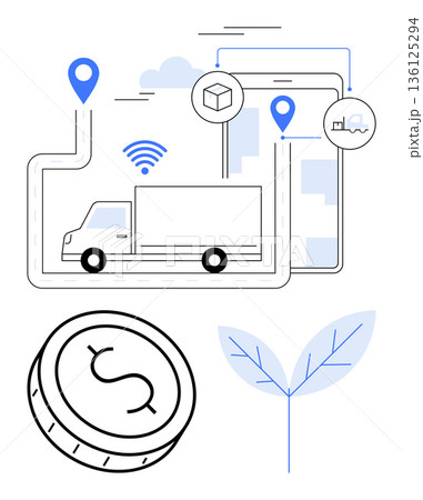 Supply chain, logistics, sustainability, e-commerce, financial planning, smart delivery. Truck, map markers coin and leaf innovation. Logistics and sustainability concepts Supply chain, logistics, sustainability, e-commerce, financial planning, smart delivery. Truck, map markers coin and leaf innovation. Logistics and sustainability concepts 136125294