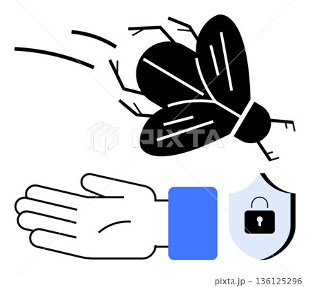 Pest control, cyber security, data protection, privacy, healthcare, insect management. A flying bug near a human hand with a security shield a lock icon. Pest control and cyber security concept Pest control, cyber security, data protection, privacy, healthcare, insect management. A flying bug near a human hand with a security shield a lock icon. Pest control and cyber security concept 136125296