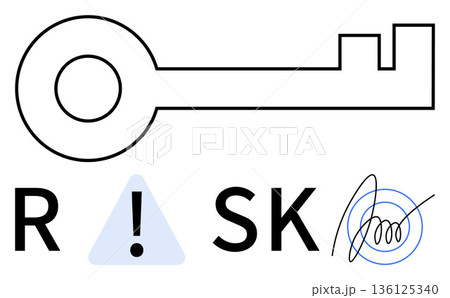 Security, digital authentication, risk management, signature verification, cybersecurity, digital alerts. Key symbol paired with risk alert triangle and digital signature. Security and digital 136125340